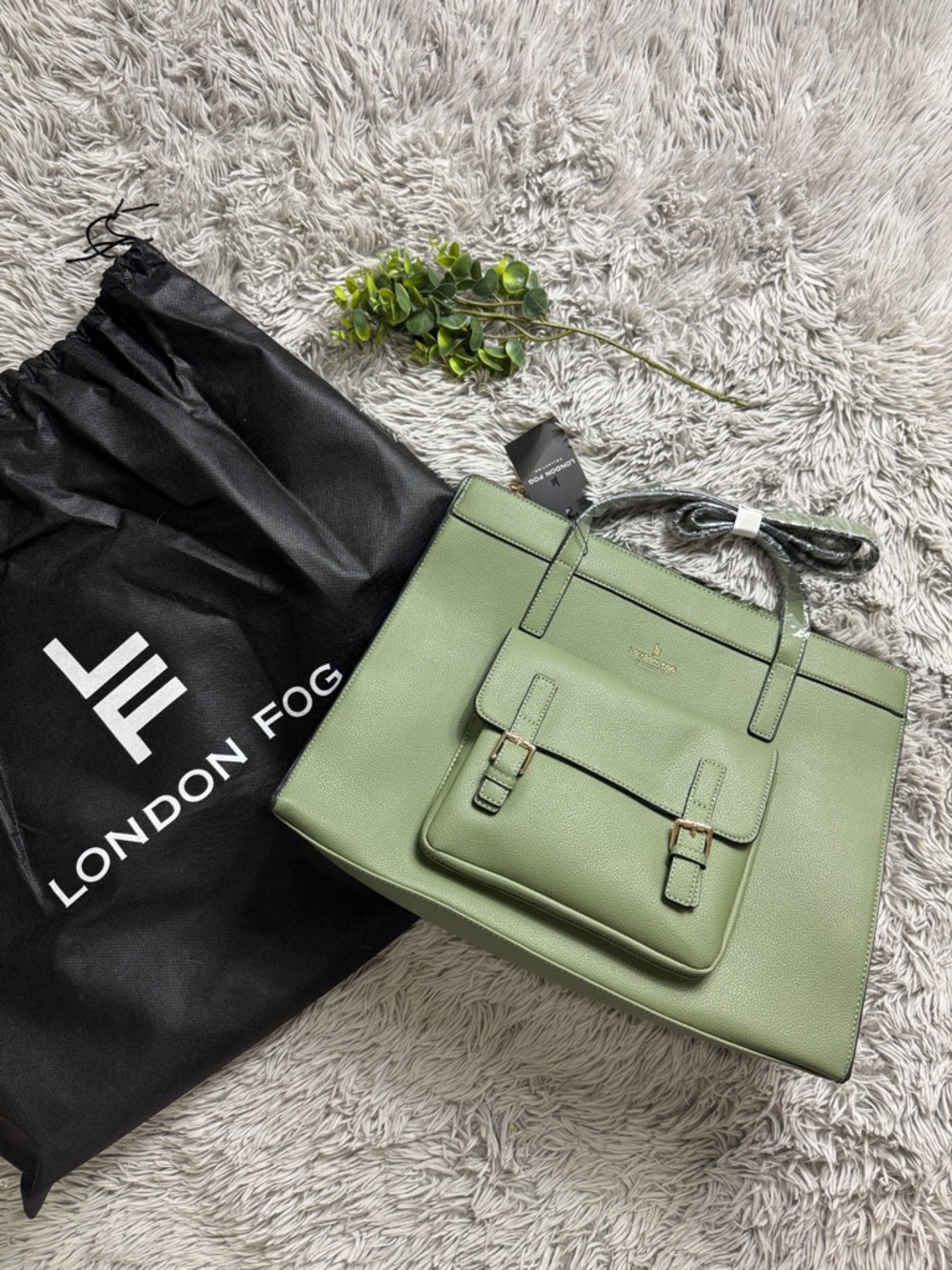 NWT London Fog Sage collection olive green Pebbled Tote with Front Pocket